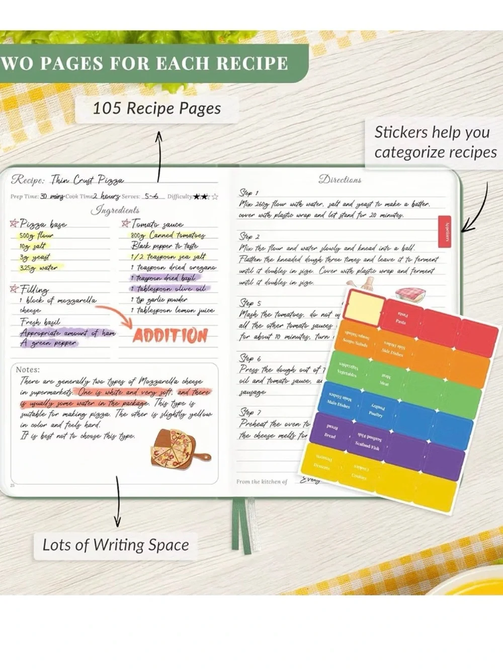 Green Recipe Journal Hardcover Notebook - Recipe New write in your own recipes